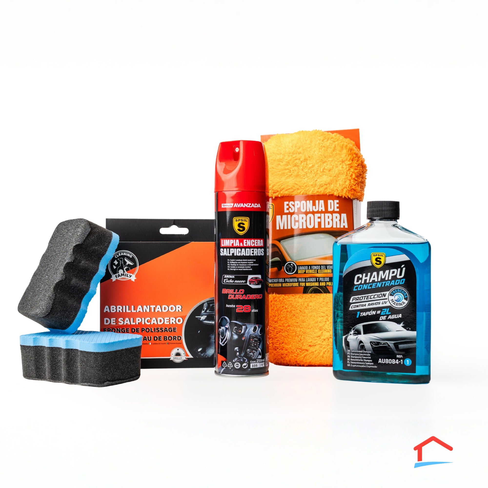 Kit de limpieza exterior e interior para auto- Champú, esponja microfibra, abrillantador salpicadero, esponja abrillantadora