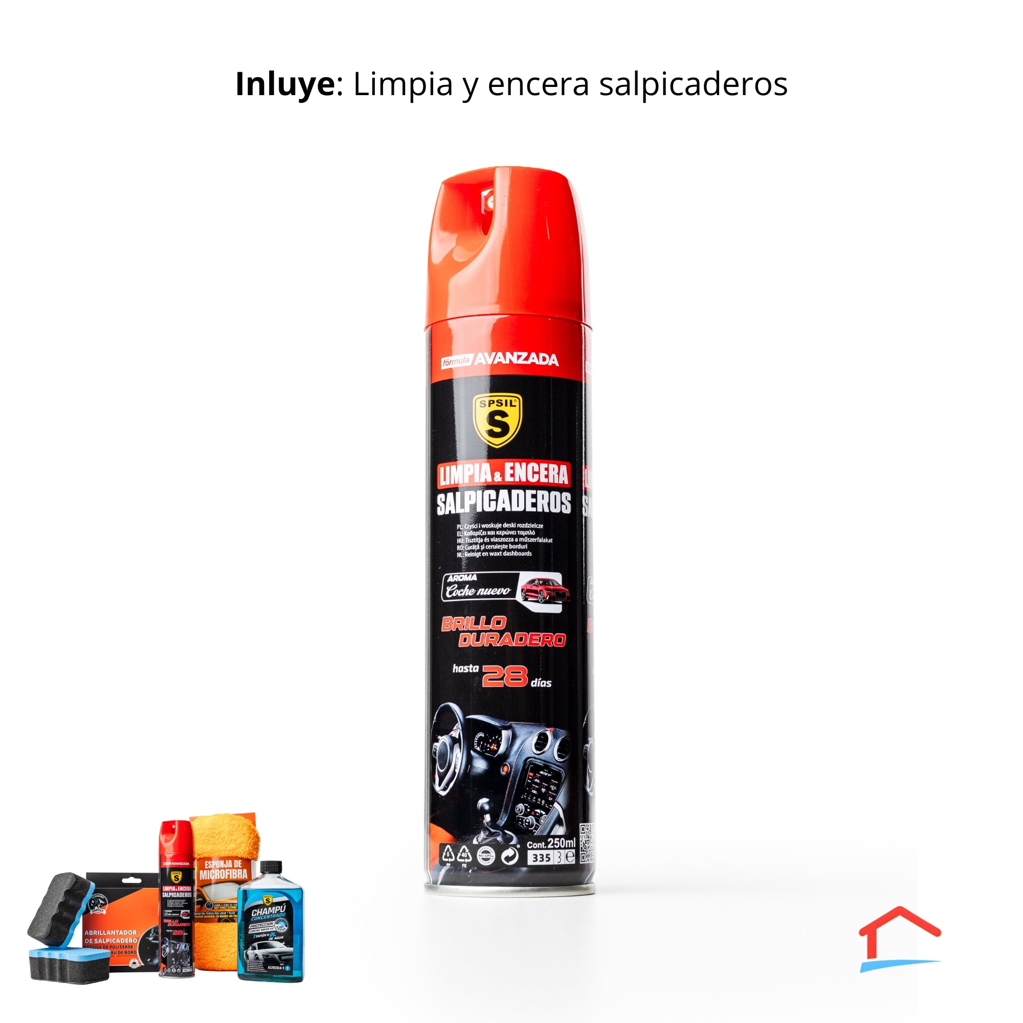 Kit de limpieza exterior e interior para auto- Champú, esponja microfibra, abrillantador salpicadero, esponja abrillantadora