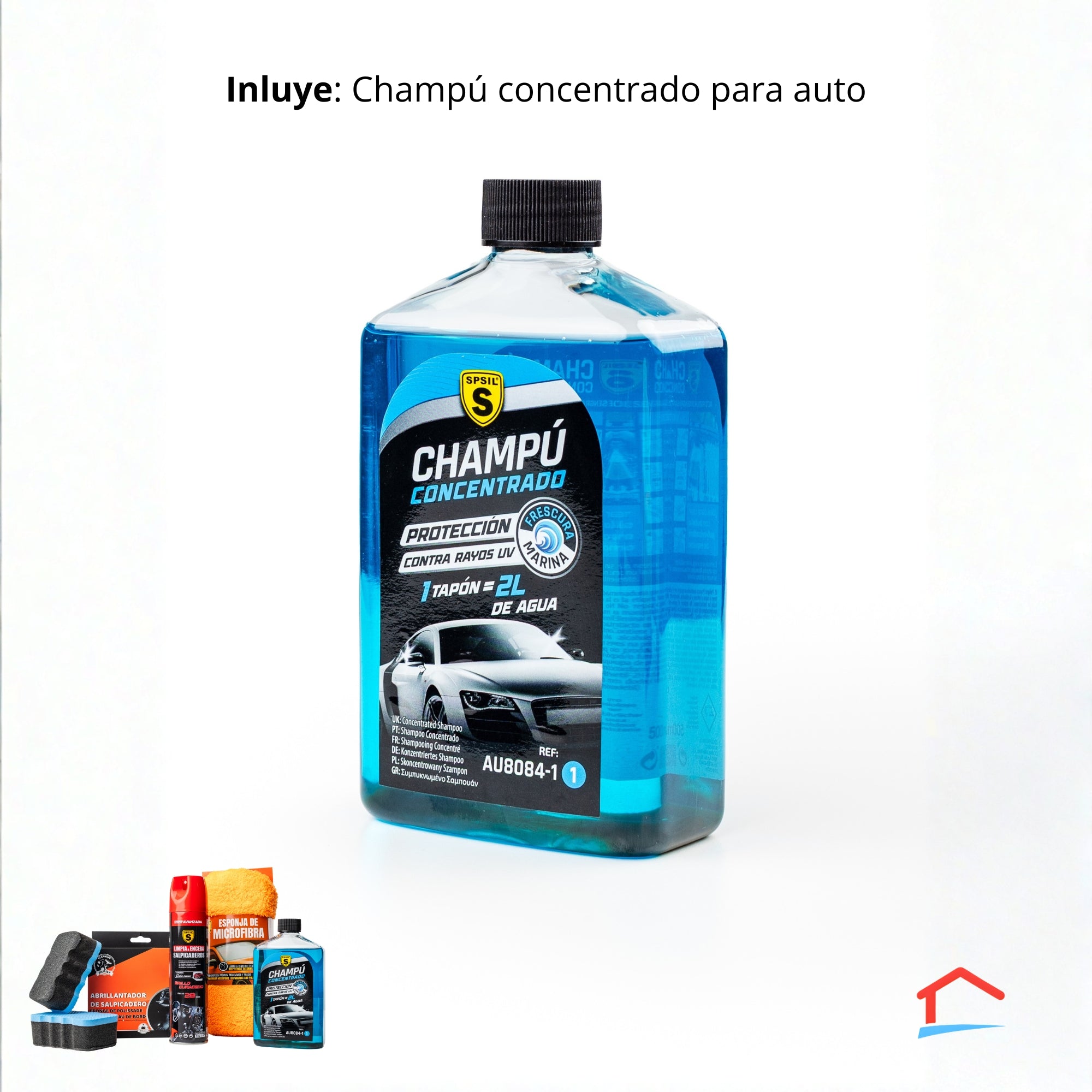 Kit de limpieza exterior e interior para auto- Champú, esponja microfibra, abrillantador salpicadero, esponja abrillantadora