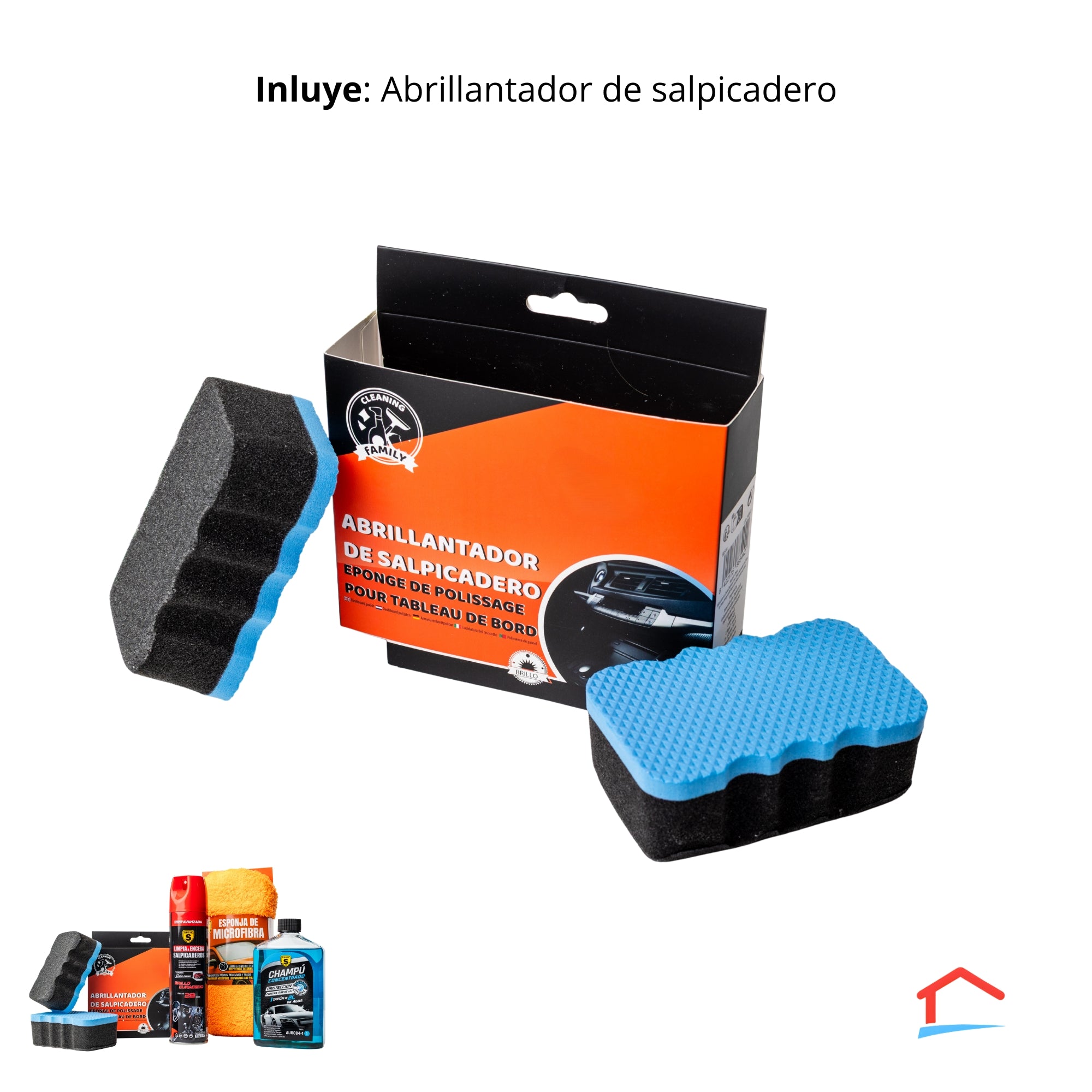Kit de limpieza exterior e interior para auto- Champú, esponja microfibra, abrillantador salpicadero, esponja abrillantadora