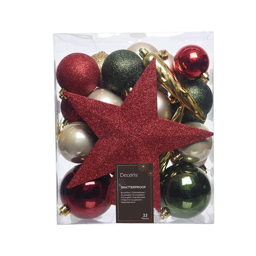 Adornos de Navidad verde, dorado y rojo · Caja de 33 piezas