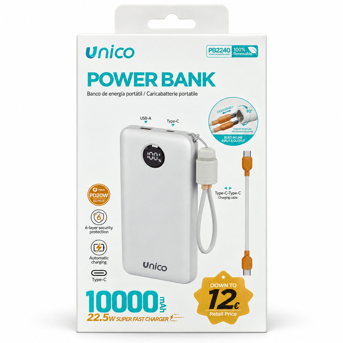 Power Bank Unico 10000 mAh con carga rápida PD 20W y cable USB-C