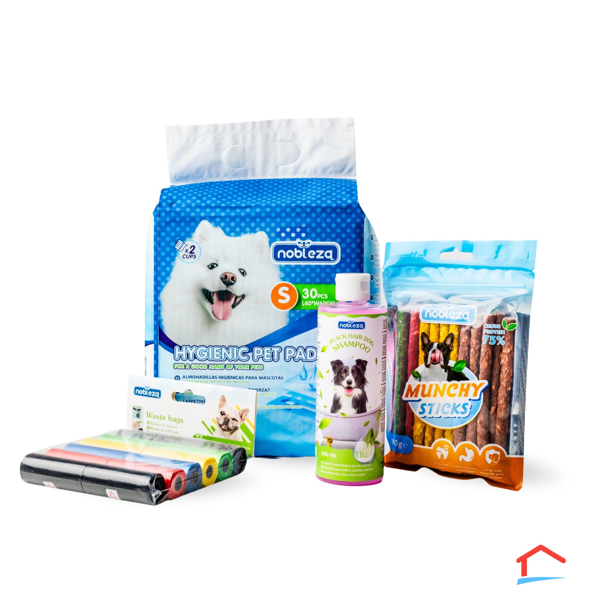 Kit para perros - Empapadores, sticks de proteina, shampoo y bolsas recoge escrementos