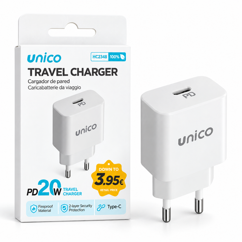 Cargador Unico HC2348 USB-C PD 20W con embalaje y precio 3,95 €