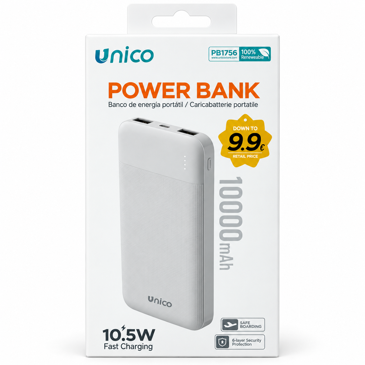 Power bank Unico PB1756 blanco de 10000 mAh y 10,5W, presentación sobre fondo blanco